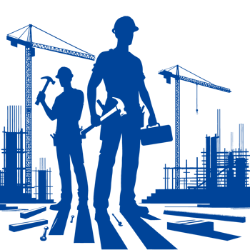 Construction Workers Silhouettes with Tools and Cranes png