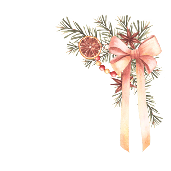 Christmas fir branch vintage fashioned. Spruce tree branches with Garland, dried fruits, spices and pink gold bow. Watercolor Xmas festive clipart for card print. Illustration isolated from background png