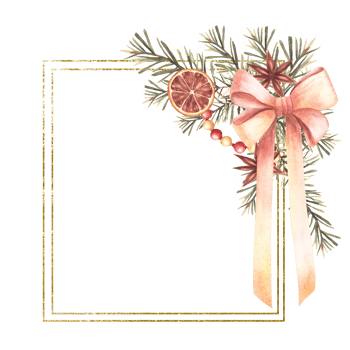 Vintage Christmas old fashioned golden frame. Spruce tree branches with Garland, dried fruits, spices and pink gold bow. Watercolor Xmas decor, square template. Illustration isolated from background png