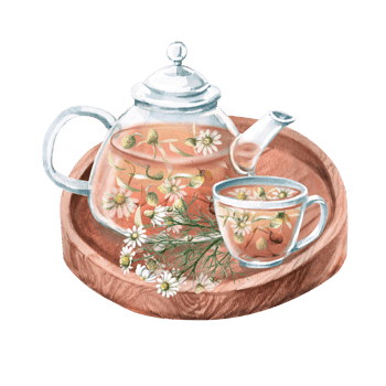 Composition of transparent teapot and cup with chamomile tea and bouquet on wooden tray. Isolated watercolor illustration for design of tea ceremonies, cafes, tea shops, posters, tonic tea collections png