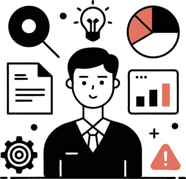 An illustration of a business professional in a suit, surrounded by various business icons like charts, graphs, a globe, a document, and a gear. vector