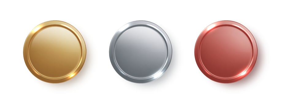 Award golden, silver and bronze blank medals isolated. 3d realistic round frames medal or coin, winner emblem vector
