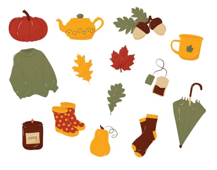 Autumnal big set with different colorful pumpkins, cozy fall clothes, leaves, umbrella, boots, warm drinks and dishes, etc. Isolated on the white background. EPS 10 vector