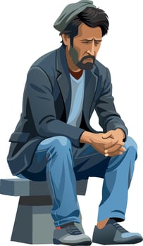 Sad mature man sitting on stairs holding his hands together- vector