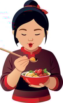Young woman enjoying eating traditional asian noodles with chopsticks vector
