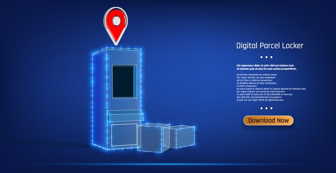 Digital parcel locker with holographic design and delivery boxes set against a blue background promoting secure package retrieval vector