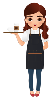 Cute barista women wear polo white shirt in apron serving a client at the coffee shop png