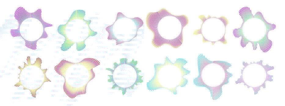 Set of multicolor neon circular sound waves. Sound lines, radial spectrum, sound equalizers. Circular geometric wavy frame. Radial spectrum. illustration. vector
