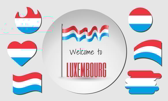 Set of Luxembourg flags and waving Luxembourg flag with the inscription Welcome to Luxembourg. vector
