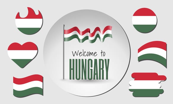 Set of Hungary flags and waving Hungary flag with the inscription Welcome to Hungary. vector