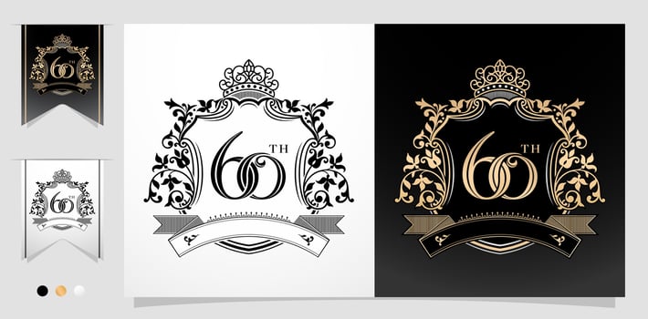 illustration of 60th anniversary symbol with royal crown design emblems, two variation gold and monochrome design isolated black and white backgrounds. applicable for greeting cards, invitation etc. vector
