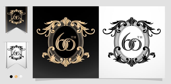 illustration of 60th with floral frame Ellipse element with isolated background, applicable for letterpress, embroidery, invitation wedding anniversary, greeting card, and emblem design. vector