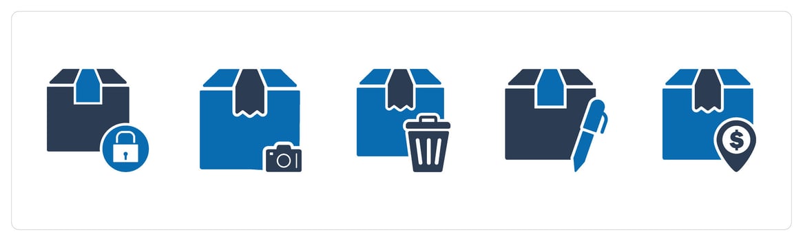 A set of 5 Business icon as secured delivery, order camera, trash order vector