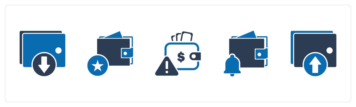 A set of 5 Business icons as download wallet, favorite wallet, wallet maintenance vector