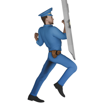 3D Male Cartoon Cop in Action. A male police officer standing with his left leg bent upwards while his right hand carries a riot shield with a position facing left as if preparing to hold something png