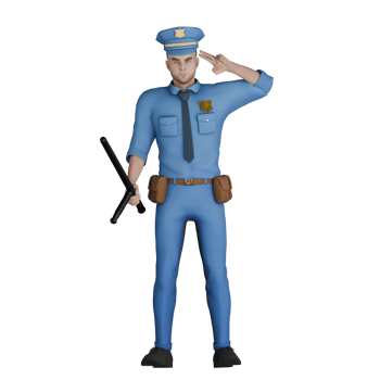 Man Cartoon Policeman in Legal Environment. A male police officer stands with his left hand pointing to his head while his right hand holds a tonfa. 3D Officer's png