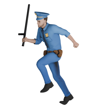 Professional Male Cartoon Police. A male police officer runs to the right with his right hand carrying a tonfa. 3D Law png