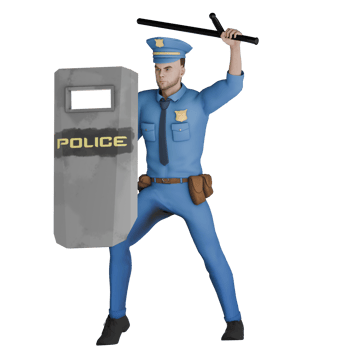 Male Cartoon Police Officer 3D. A male police officer stands with his right hand carrying a riot shield while his left hand carries a tonfa upwards with his body position facing right png