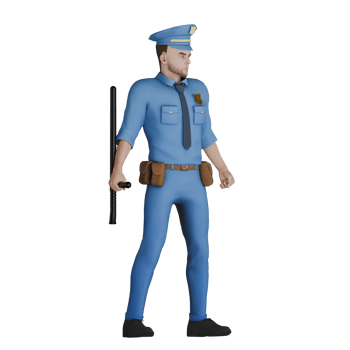 Illustrated Cartoon Law Expert. A male police officer stands with his right position tilted to the left and his right hand carries a tonfa. 3D Male Police png