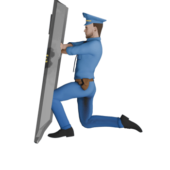 Male Cartoon Cop Professionalism in 3D. A male police officer crouches behind a riot shield in a position facing right. Law Enforcement png