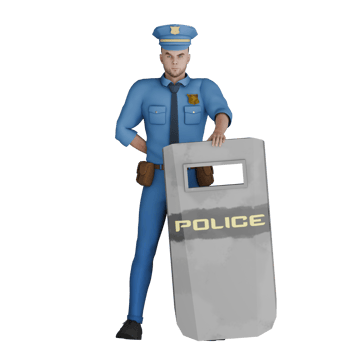 Animated Professional Cartoon Police. A male police officer stands with his right hand bent behind his body while his left hand holds a riot shield. 3D Male png