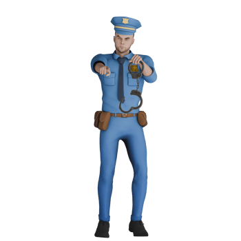 Professional Man. A male police officer stands with his left hand holding handcuffs while his right hand points forward. 3D Police png