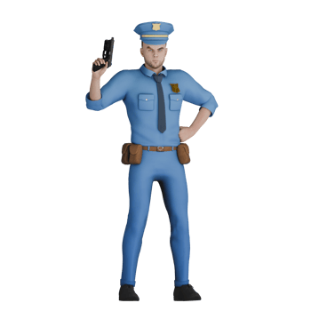 Professional Legal Cartoon A male police officer stands with his left hand on his waist while his right hand holds a gun pointed upwards. 3D Man png