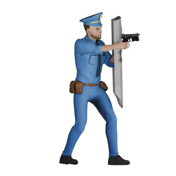 3D Male Cartoon Cop Character. A male police officer holding a protective shield and a firearm. Law Enforcement Professional png