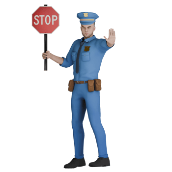 Male Cartoon Police Law Professional. A male police officer stands with his right hand holding a stop sign while his left hand is straight forward giving a stop signal. 3D Animation png
