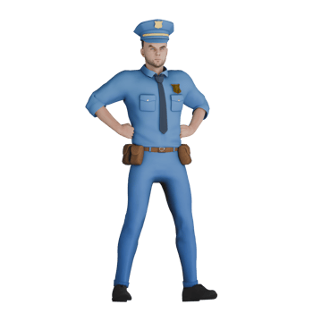 Cartoon Style Police Officer. A male police officer stands with both fists on his waist. 3D Man png