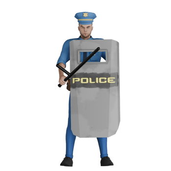 Professional 3D Cartoon Cop. A male police officer stands with his right hand holding a riot shield while his right hand holds a tonfa. Male Law Expert png