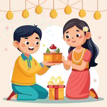 Bhai Dooj celebration with brother and sister exchanging gift vector