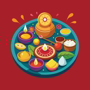 Bhai Dooj pooja thali with tilak, sweets, and diya illustration vector