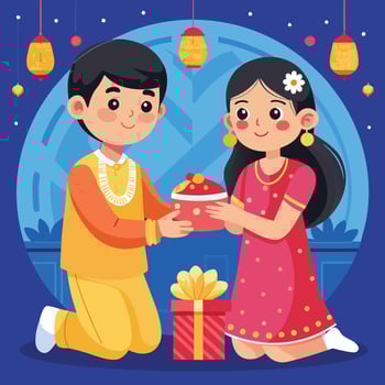 Bhai Dooj celebration with brother and sister exchanging gifts illustration vector