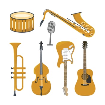 Jazz Musical instruments icon set. Flat illustration drum vintage microphone Double Bass Saxophone Trumpet Electric Guitar vector