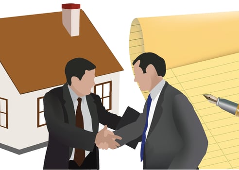 Two businessmen shaking hands in front of house and contract vector