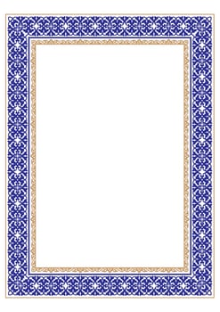 Blue gold vintage pattern in Victorian style in shape of a rectangular. Ornate element for design. Ornamental pattern for wedding invitations, greeting cards. Traditional contrast decor. A4 format vector