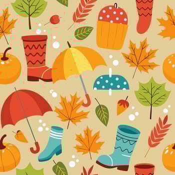 Autumn seamless pattern with boots, umbrellas and leaves vector