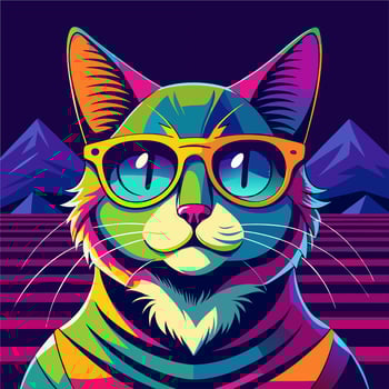 Bright neon portrait of a cat in sunglasses vector