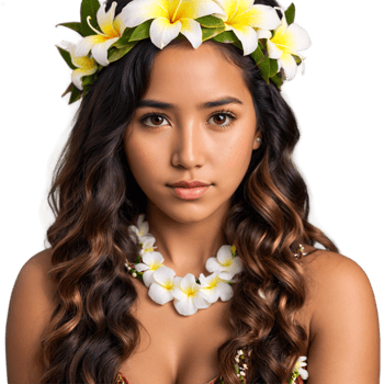 Young Native Hawaiian woman with long waves and lei cute face piercing eyes resting mouth. Essence of diverse femininity. png