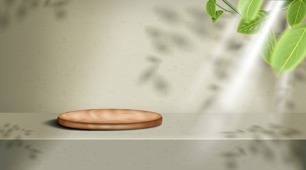 A wooden plate on a table with a green plant vector