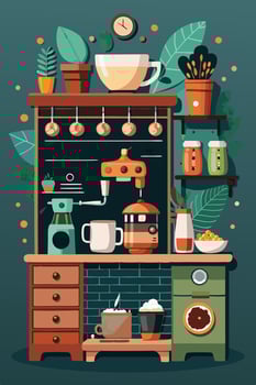 Coffee shop kitchen with coffee maker, coffee beans, and other items vector