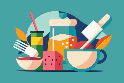 Kitchen utensils and food items on a blue background vector
