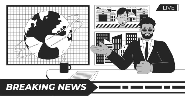 Breaking news anchor black and white line illustration. Male newscaster talking to reporter 2D character monochrome background. Journalist reporting to anchorman. Broadcasting TV outline image vector