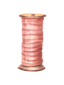 Wooden spool of thread, silk ribbon in pink pastel color. Elements for sewing, needlework, embroidery. Hand drawn watercolor illustration Vintage Clipart for handicraft design Isolated from background png