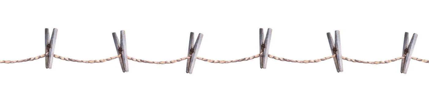 Wooden clothes pins on a rope. Seamless border pattern. Clothesline with pin and peg. Watercolor hand drawn illustration Horizontal banner for design with free space for text on isolated background png