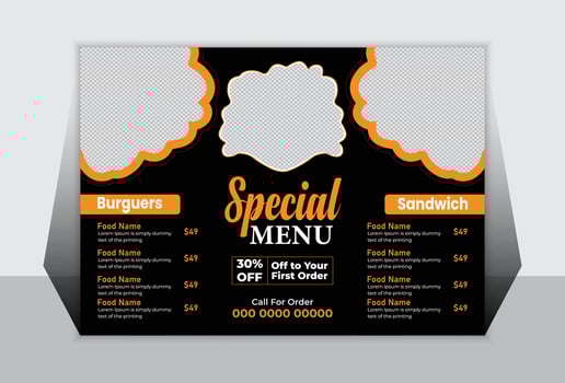 Attractive Special Menu for Burgers and Sandwiches Delicious Food, Tempting Offer, Black and Orange Design, Appetising Advertisement vector
