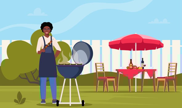 Black woman cooking barbeque on backyard. BBQ party. Grilling meat and vegetables outside. Backyard picnic on a weekend. illustration. vector