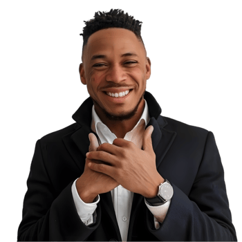 A man in a suit smiling and holding his hands together png