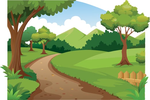 Winding dirt path leading through a lush green landscape vector